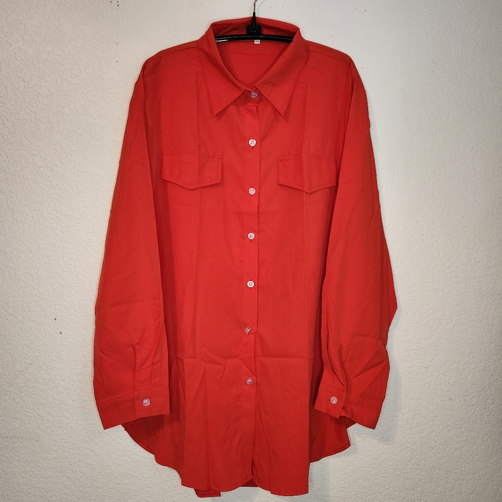 NWT Shein Vibrant Scarlett Red Orange Button-Down Shirt 2XL
